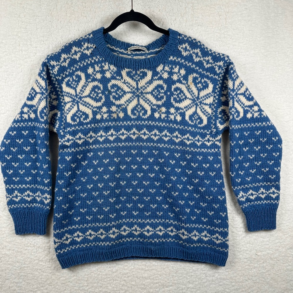 Handknit in Norway Wool Mothproof Sweater Blue Nordic Fair Isle S/M Cottagecore